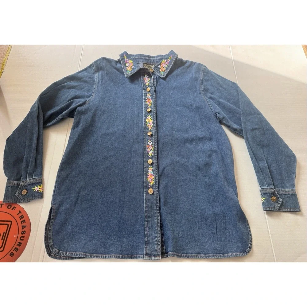 VTG Y2K Bob Mackie Wearable Art Embroidered Maypole Denim Button Down‎ Sz Medium